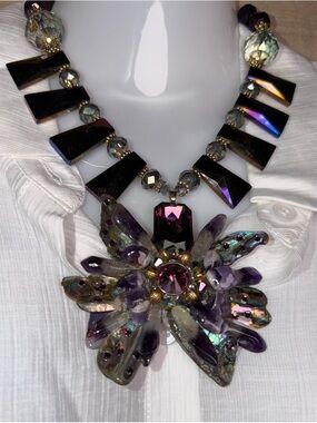 Hand Crafted Purple Iridescent Floral Statement Necklace